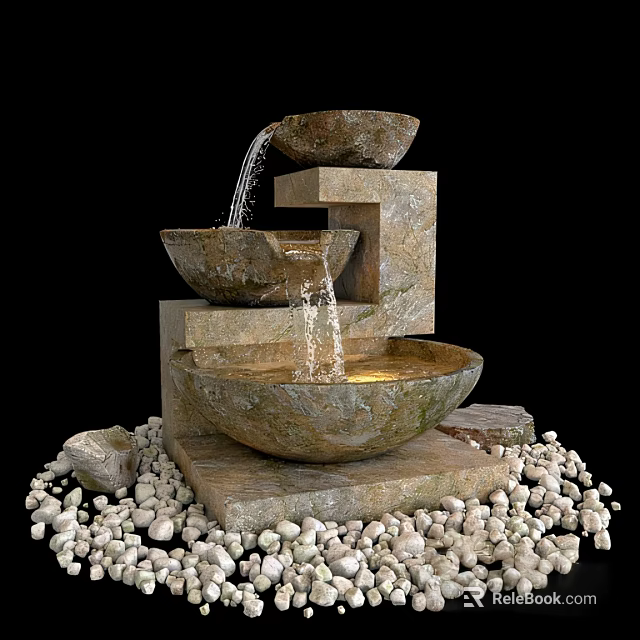 Garden Water Fountain Stone Tiered Design With Water Flowing Between Bowls Surrounded By Pebbles 3d model 