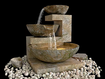 Garden Water Fountain Stone Tiered Design With Water Flowing Between Bowls Surrounded By Pebbles 3d model