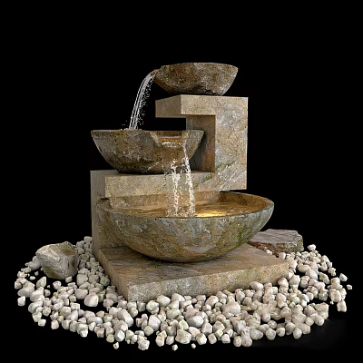 Garden Water Fountain Stone Tiered Design With Water Flowing Between Bowls Surrounded By Pebbles 3d model