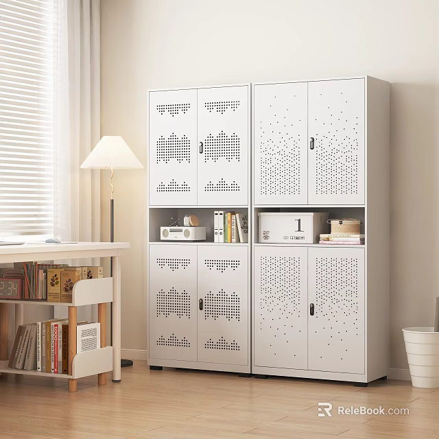 Bright Study Room With White Perforated Storage Cabinets Wooden Desk Lamp And Stacked Books 3d model 