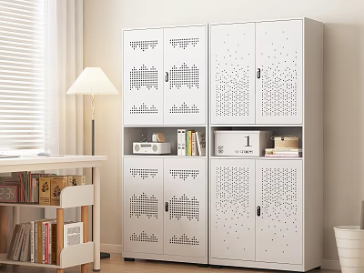Bright Study Room With White Perforated Storage Cabinets Wooden Desk Lamp And Stacked Books 3d model