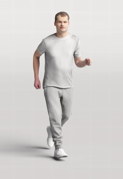 A man walking in casual white T-shirt and gray sweatpants against gray background 3d model