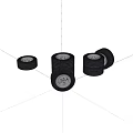 Black Tires With Silver Rims Stacked In Multiple Piles On White Background