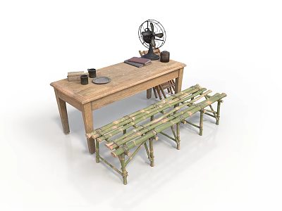 Rustic Home Living Set With Wooden Table Vintage Fan And Long Bench 3d model
