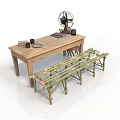 Rustic Home Living Set With Wooden Table Vintage Fan And Long Bench
