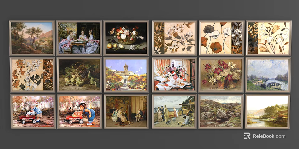Oil Paintings with Diverse Themes Featuring Figures Flowers Landscapes and Still Life Artworks 3d model 