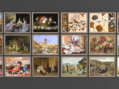 Oil Paintings with Diverse Themes Featuring Figures Flowers Landscapes and Still Life Artworks 3d model