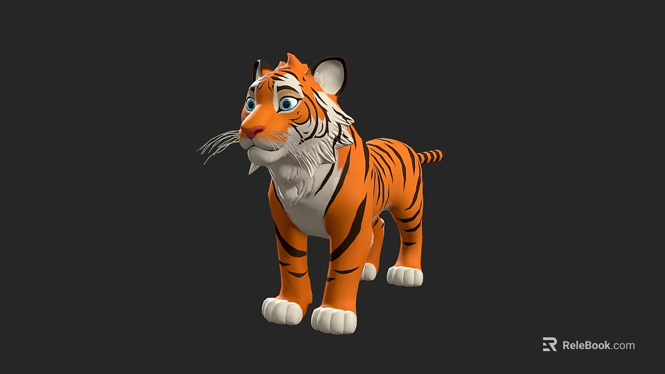 Cute Cartoon Tiger 3D Model With Orange Black Stripes White Paws And Blue Eyes 3d model 