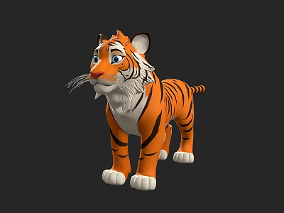 Cute Cartoon Tiger 3D Model With Orange Black Stripes White Paws And Blue Eyes 3d model