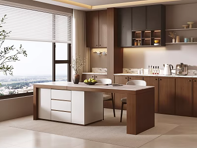 Modern Open Kitchen Interior With Wooden White Island Chairs Cabinets And Window View 3d model