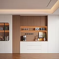 Modern Minimalist Decorative Cabinet With Wooden White Finish Open Shelves Glass Doors And Coffee Machine