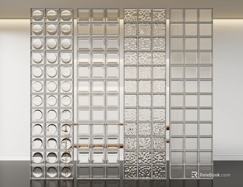 Modern Interior Decorative Glass Room Divider With Grid And Circular Cutout Patterns 3d model