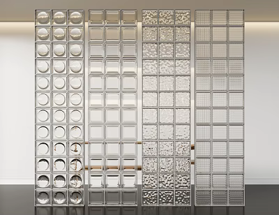 Modern Interior Decorative Glass Room Divider With Grid And Circular Cutout Patterns 3d model