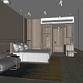 Elegant Modern Hotel Room Interior With Wooden Partition Gray Sofa White Bed And Area Rug