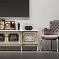 Elegant TV Stand With Wall Mounted TV Decorative Frames Books And Green Plant Accent Chair