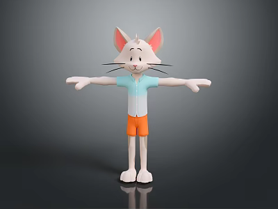 3D Cartoon Cat With Pink Ears Light Blue Shirt Orange Shorts Arms Spread Dark Background 3d model