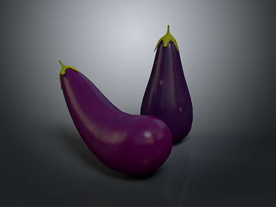 Two Fresh Purple Eggplants With Green Stems On Gray Background 3d model