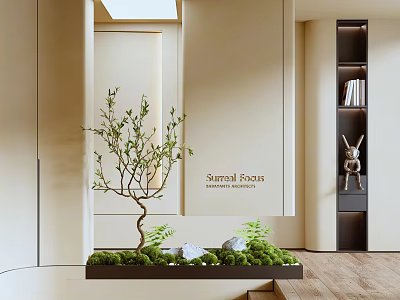 Modern Foyer Interior Design Featuring Greenery Stones And Decor Shelves 3d model