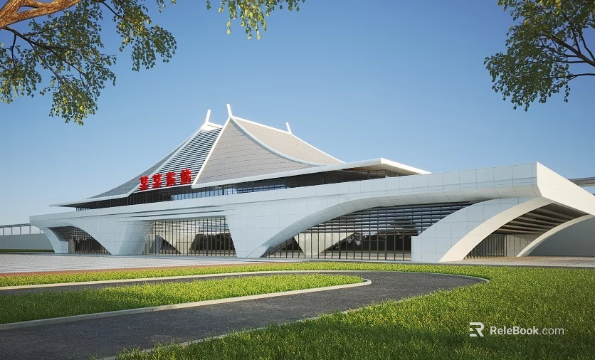 Harbin Railway Station Modern Building With Unique Roof Design And Green Lawn 3d model 
