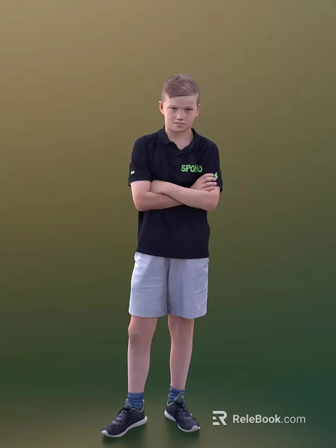 Young Man in Black Polo Shirt with SPRO Logo Gray Shorts Arms Crossed Green Background 3d model 