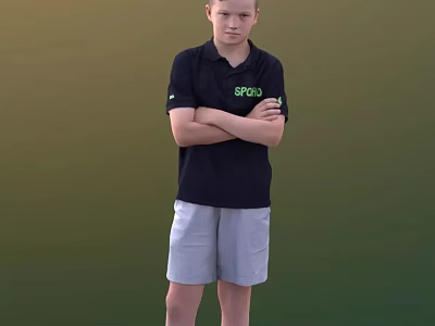 Young Man in Black Polo Shirt with SPRO Logo Gray Shorts Arms Crossed Green Background 3d model