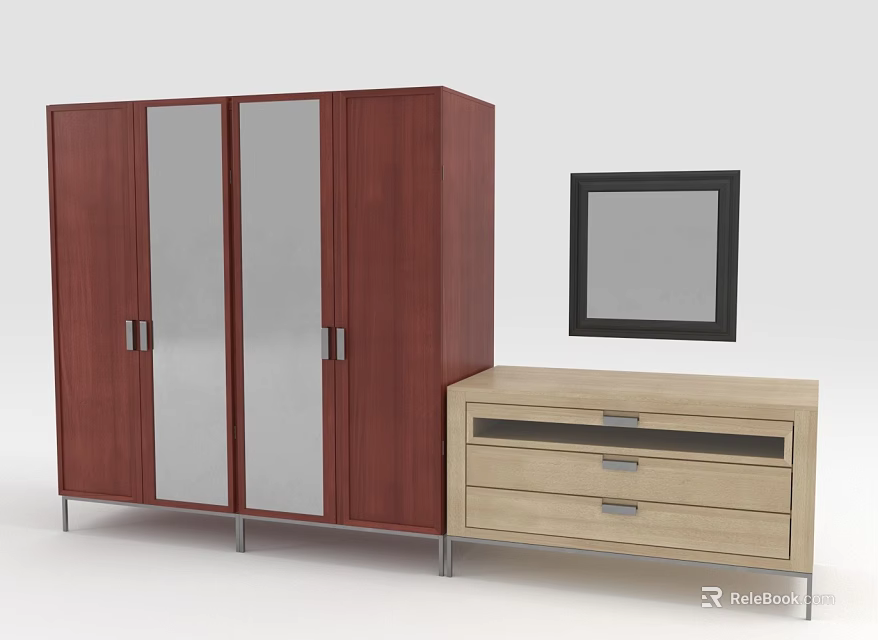 Dark Red Wardrobe With Glass Doors Light Beige Drawer Chest And Black Frame Mirror 3d model 