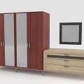 Dark Red Wardrobe With Glass Doors Light Beige Drawer Chest And Black Frame Mirror