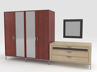 Dark Red Wardrobe With Glass Doors Light Beige Drawer Chest And Black Frame Mirror 3d model
