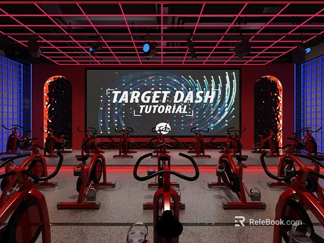 Indoor Spin Bike Fitness Studio With Large Screen Tutorial And Red Lighting 3d model