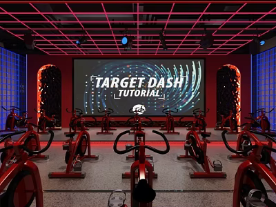 Indoor Spin Bike Fitness Studio With Large Screen Tutorial And Red Lighting 3d model