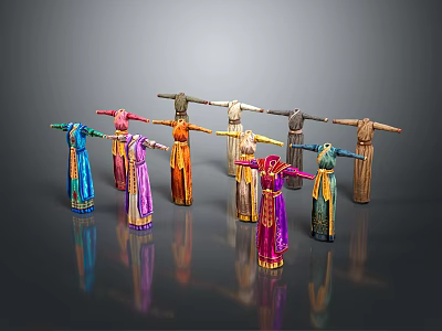 Colorful Traditional Ethnic Costumes On Mannequins With Diverse Patterns And Styles 3d model