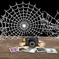 Vintage Canon Digital Camera On Wooden Table With Spider Web And 3d model