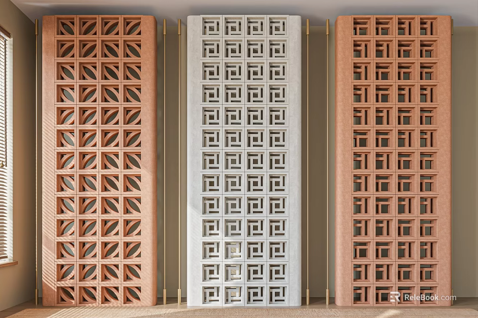 Brown And White Room Dividers With Geometric Hollow Out Design For Interior Decor 3d model 