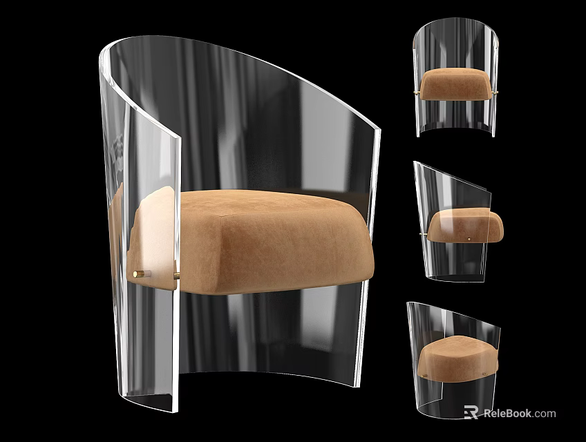 Modern Transparent Acrylic Accent Chair With Curved Frame And Beige Cushion Multiple Angles 3d model 