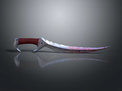 Curved Combat Knife With Red Handle Metallic Blade And Blood Stains 3d model