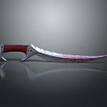 Curved Combat Knife With Red Handle Metallic Blade And Blood Stains