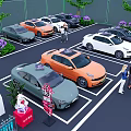 Modern Car Showroom With Various Colored Cars Customers Viewing And Green Plants Around