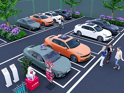 Modern Car Showroom With Various Colored Cars Customers Viewing And Green Plants Around 3d model