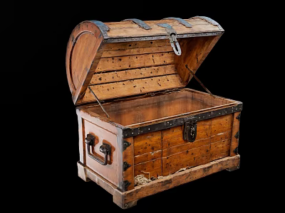 Vintage Wooden Trunk With Open Lid And Decorative Metal Hardware 3d model