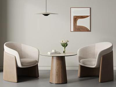 Modern Round Meeting Table and Linen Upholstered Chairs with Wooden Legs and Pendant Light 3d model