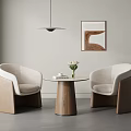 Modern Round Meeting Table and Linen Upholstered Chairs with Wooden Legs and Pendant Light