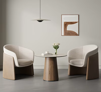 Modern Round Meeting Table and Linen Upholstered Chairs with Wooden Legs and Pendant Light 3d model