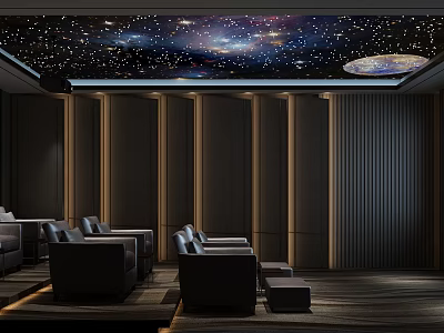 Modern Home Theater Interior Design With Starry Sky Ceiling Comfortable Couches And Wooden Panel Walls 3d model