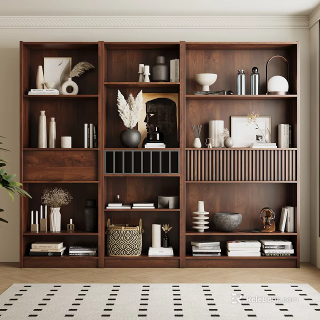 Stylish Modern Wooden Bookshelf With Multi Tiered Design And Decorative Items Books Vases Baskets 3d model 