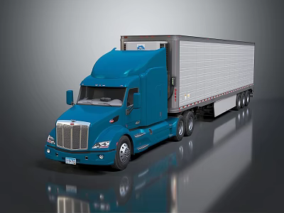 Blue Semi Truck With White Trailer And Shiny Exterior On Gray Surface 3d model