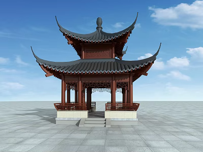 Traditional Chinese Pavilion With Curved Eaves And Two Tiered Wooden Roof In Open Square 3d model