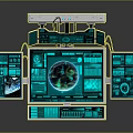 Advanced Control Panel With Multiple Electronic Screens Blue Interface Earth Graphic And Data Charts