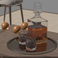 Wine Bottle and Glasses on Wooden Tray with Orange Liquid and Fruits on Table