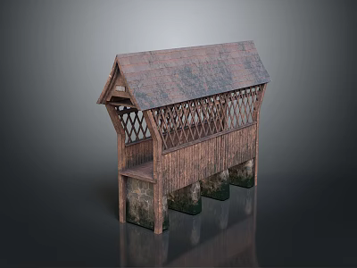 Ancient Architecture With Wooden Structured Roof Lattice Design And Stone Pier Base 3d model
