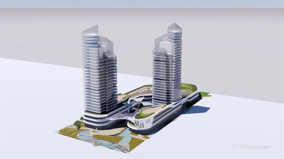 Modern High Rise Office Buildings With Green Space And Connecting Structure 3d model 